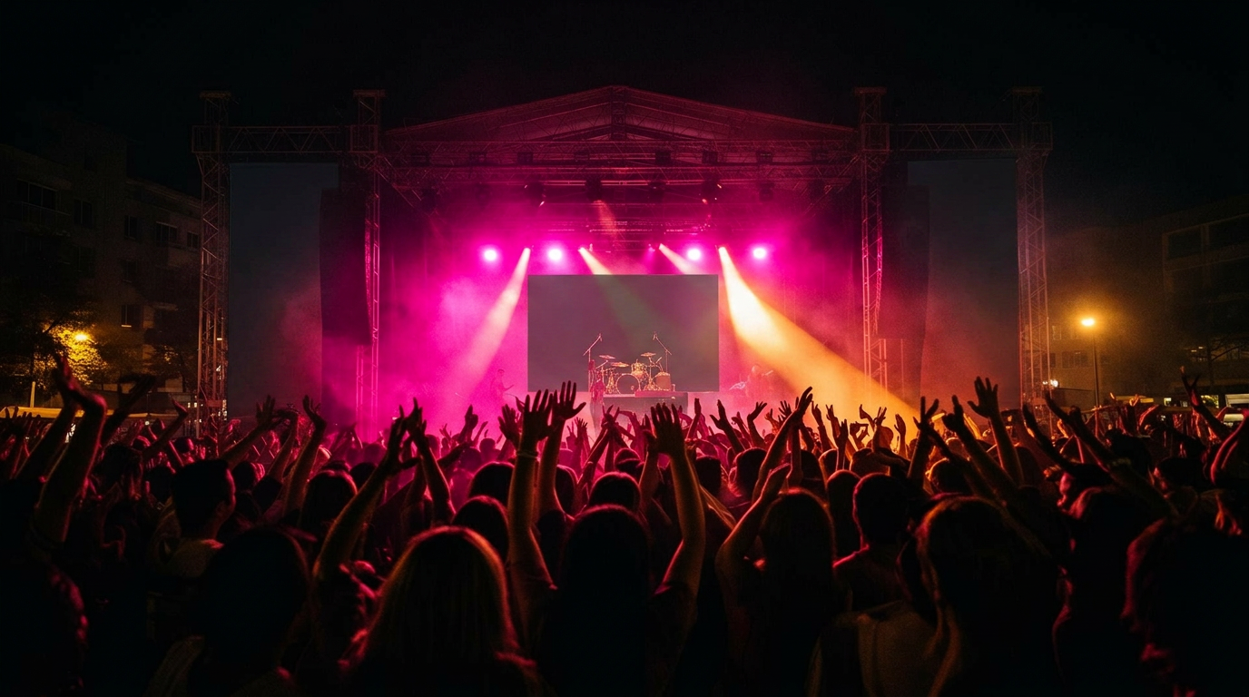 Live brand activation crowd at night with stage lighting